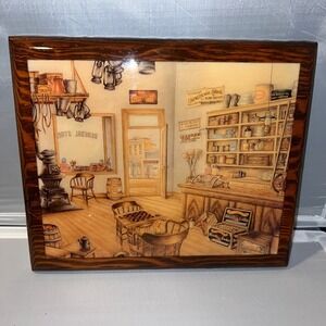 Vintage General Store Decoupage Wood Wall Art Plaque Glossy Resin 70s Folk Art